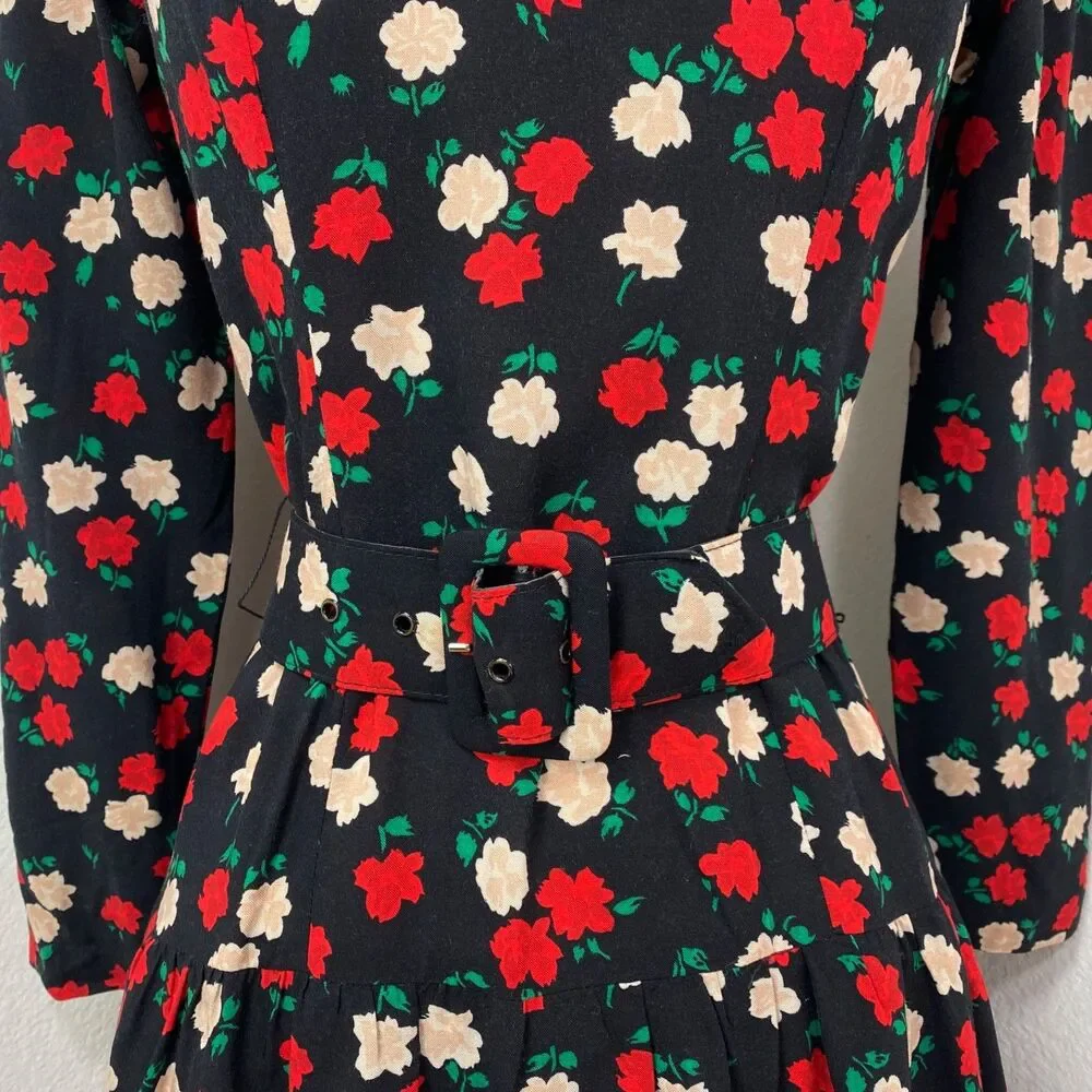 Vtg 80 Drop Waist Layered Skirt Floral Rayon Dress Small Long Sleeve Belt Modest